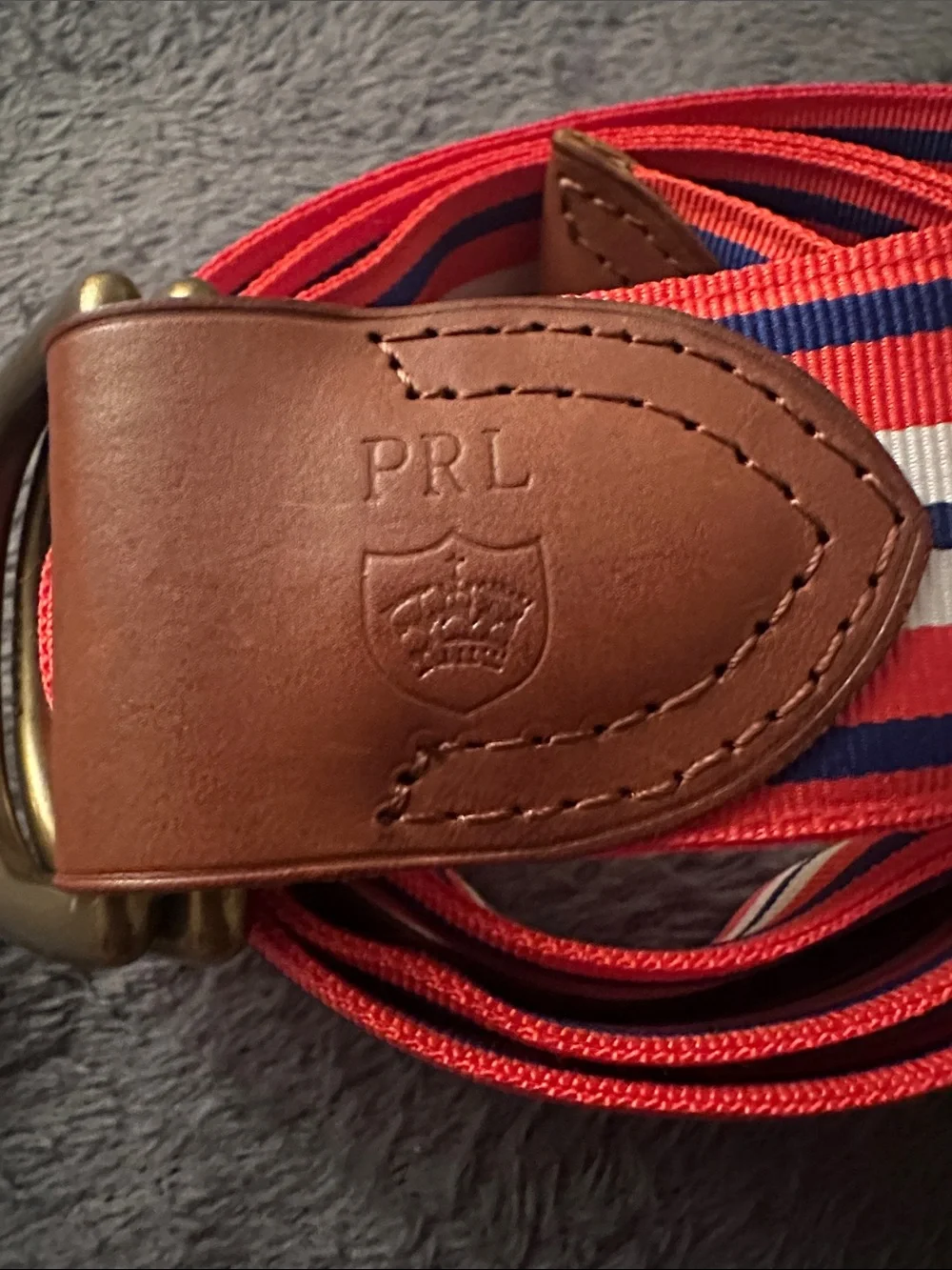 Polo Ralph Lauren Striped Orange, White & Blue Strip Belt with Leather Trim